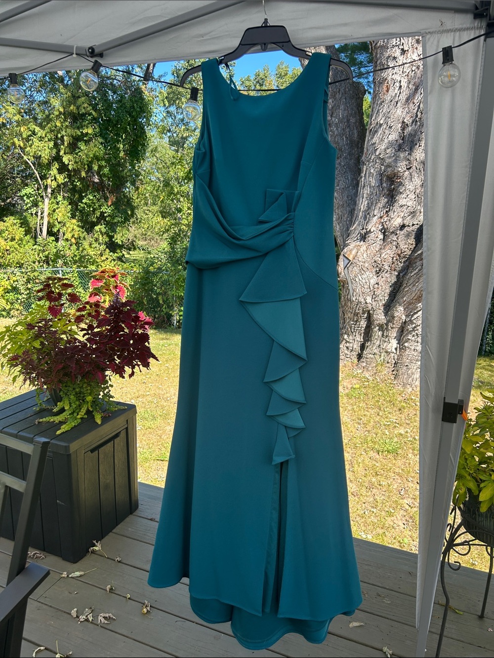 Teal ruffle gown petite 12 NWT